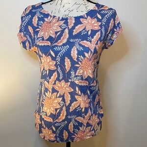 Rachel Zoe Blue Linen Tee with Coral Boho Floral Print